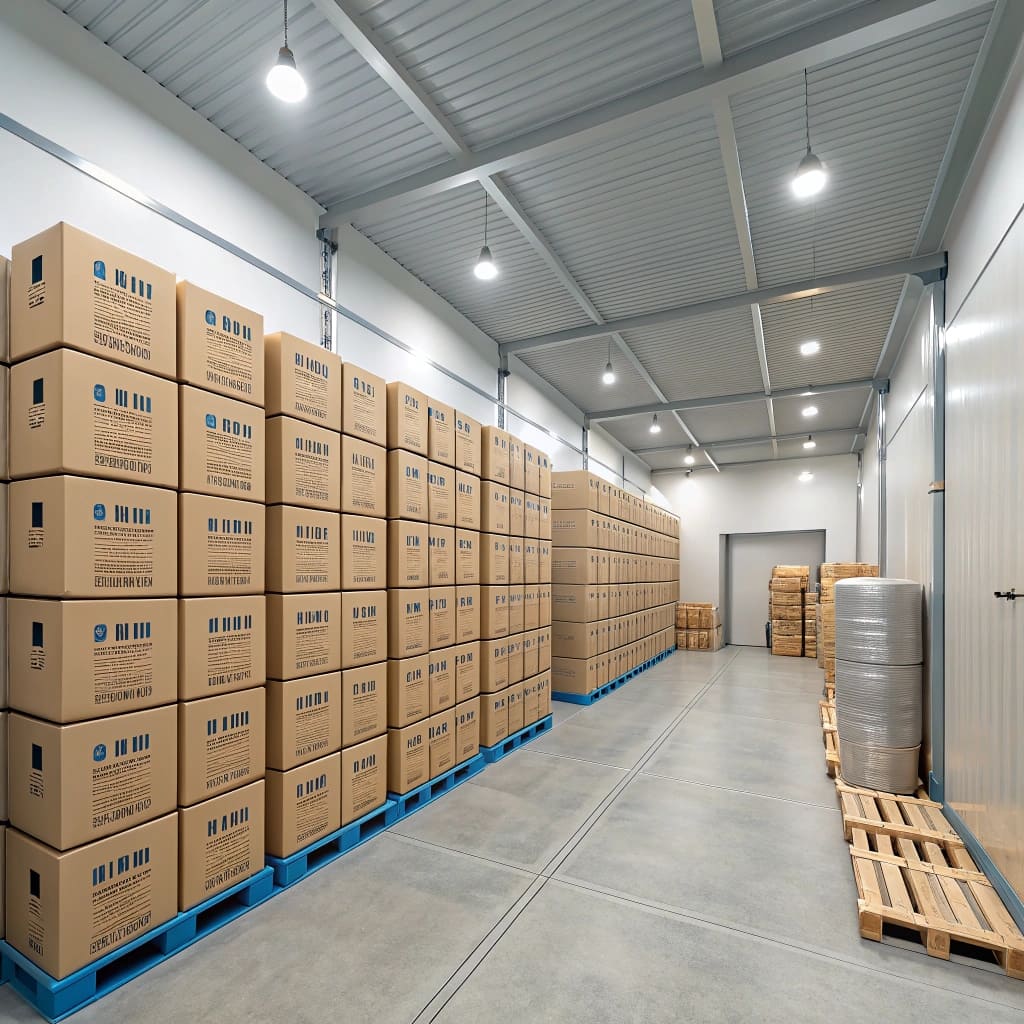 Well-organized warehouse with stacked boxes, ready for shipping