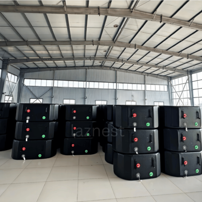piles of inflatable bath tubs in a factory