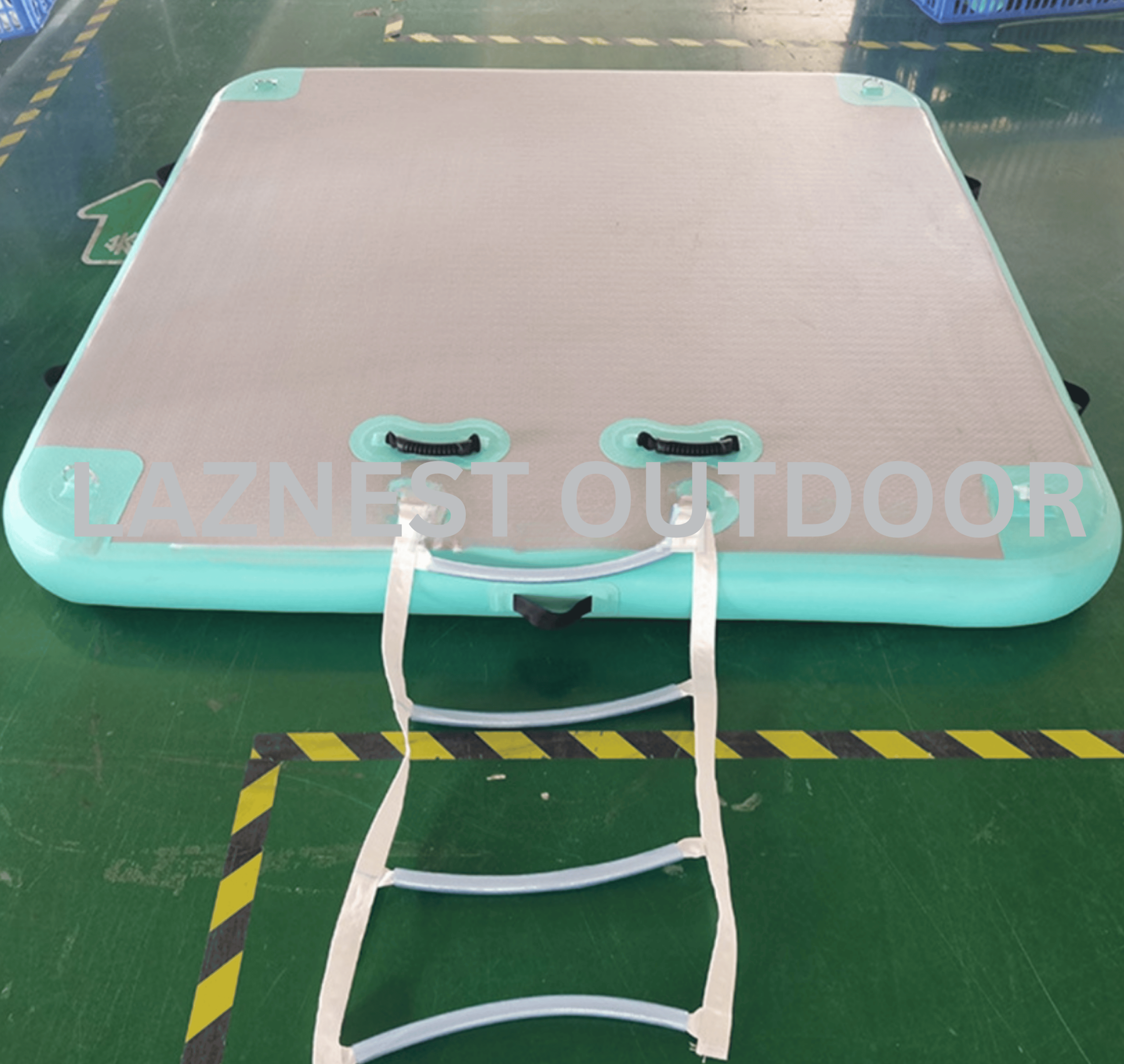 Stable inflatable floating platform A perfectly stable inflatable floating platform on a calm lake