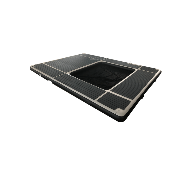 black rectanglar inflatable floating dock and hammock