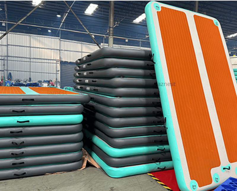 drop stitch material -piles of inflatable floating docks in a Chinese factory