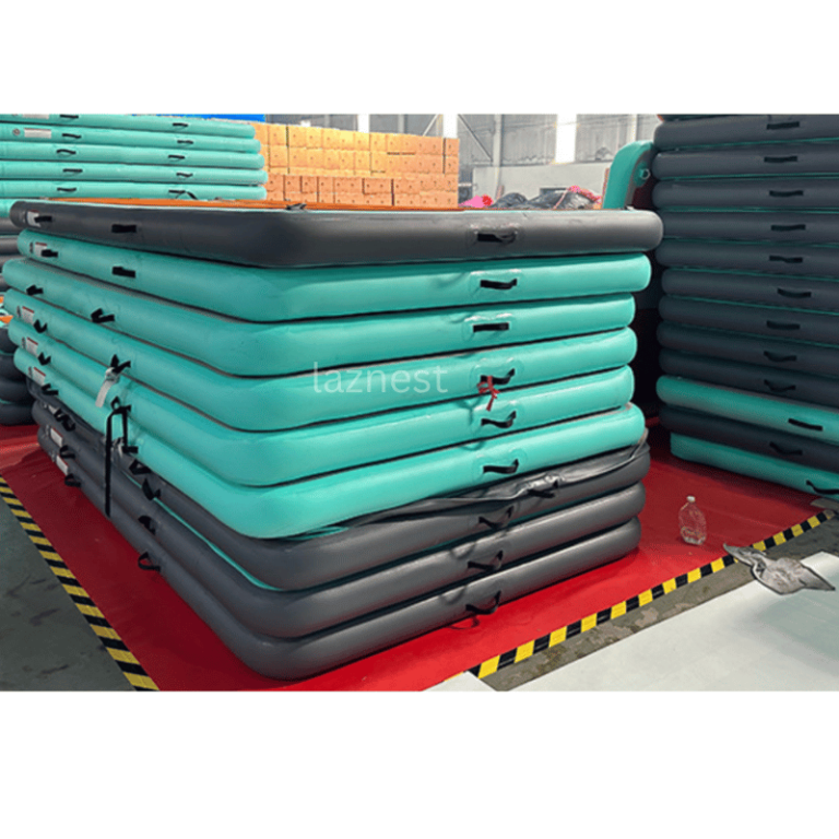 piles of inflatable floating docks in a Chinese factory