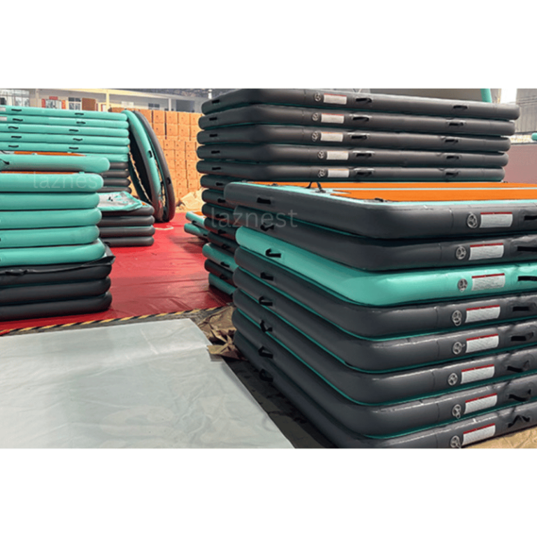 piles of inflatable floating docks in a Chinese factory made from drop stitch