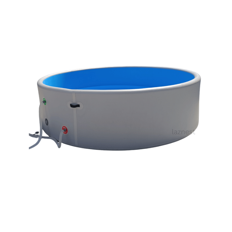 round inflatable swimming pool made from drop stitch material white outside and blue inside