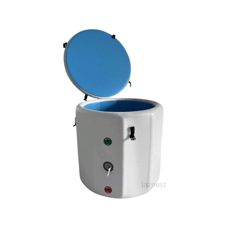 white outside and blue inside inflatable ice bath tub with lid