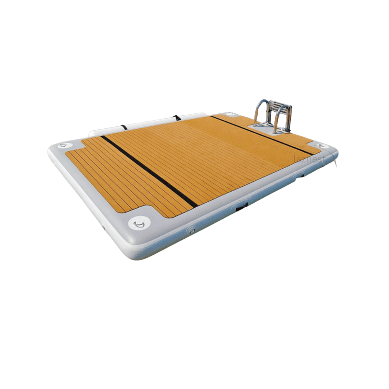yellow linflatable drop stitch floating dock with stainless steel ladder
