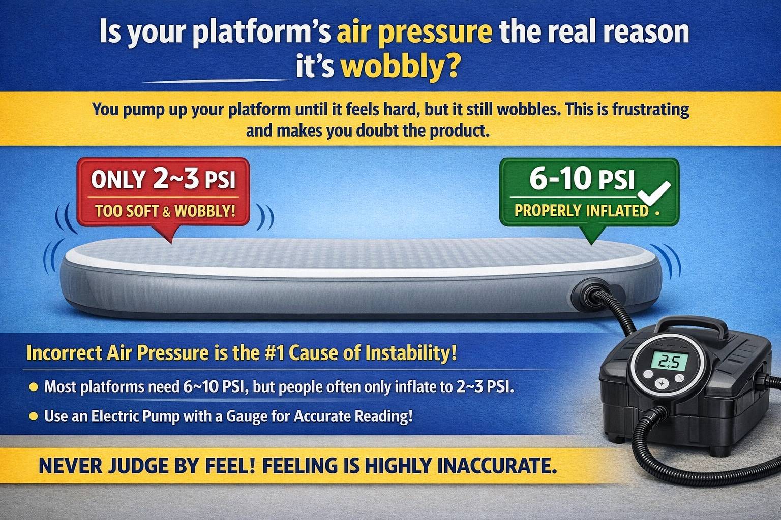 Inflating a dock to the correct PSI An electric pump with a pressure gauge connected to an inflatable dock